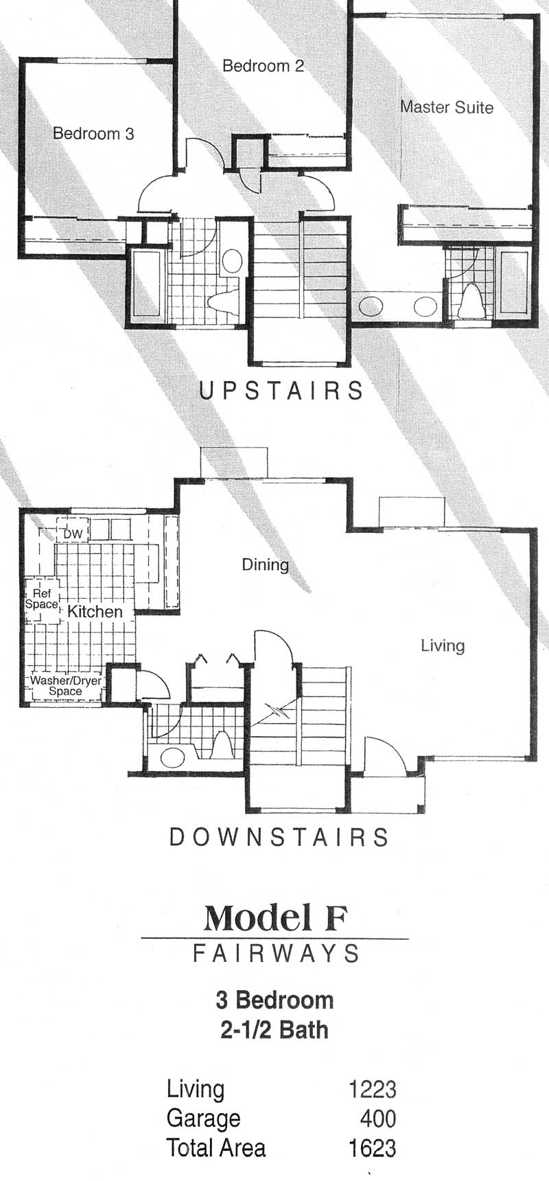 Model F - Fairways 3 bedroom / 2-1/2 bath Living - 1,223 sq. ft. Garage - 400 sq. ft. Total Area - 1,623 sq. ft.