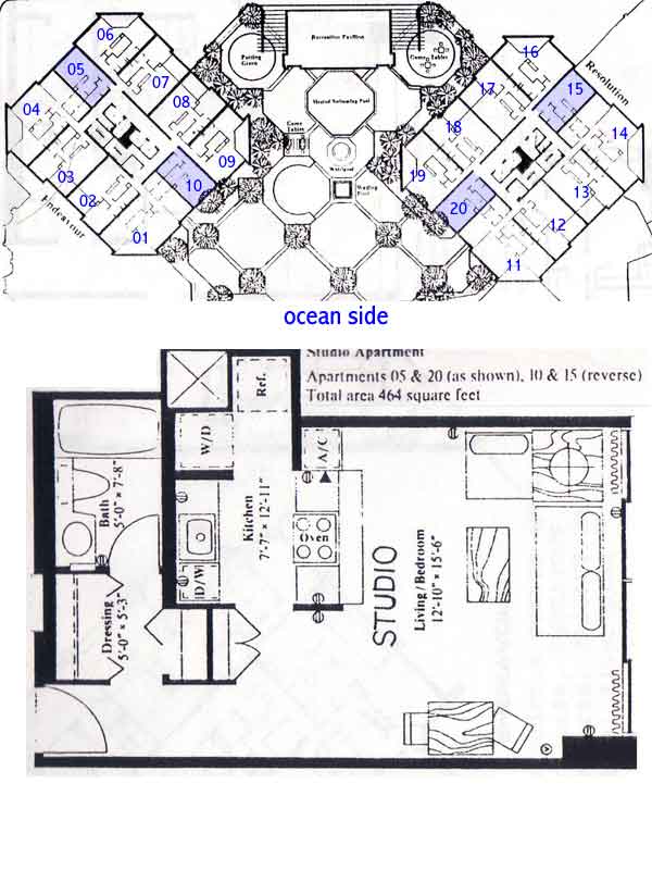Bedrooms: Studio Apt. Baths: 1 Square Feet: 464 SF Lanai: none Qty: 130 Comments: Studios found in units ending "0" and "5". Found in units: 05, 10, 15, 20