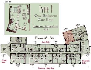 Bedrooms:   1 Baths:   1 Square Feet:   838 SF Lanai:   none  Qty:   0  Comments:   Mountain/Ewa side corner unit. Found in units: 01 