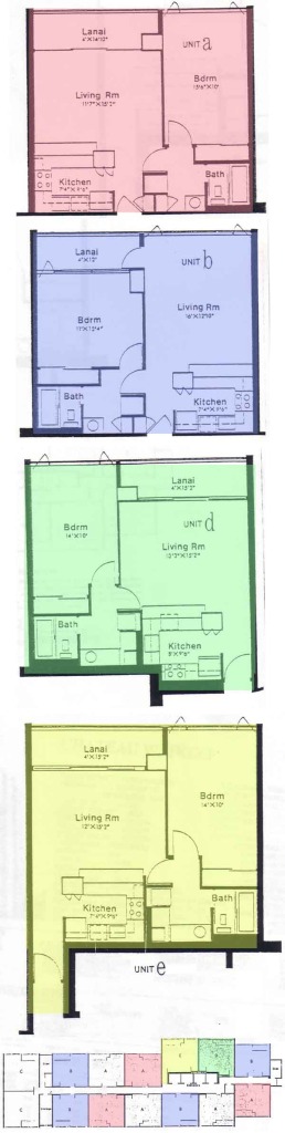 Bedrooms:   1 Baths:   1 Square Feet:   600 - 630 SF Lanai:   48 - 60 SF  Qty:   371  Comments:   The one bedroom is the primary configuration in Chateau Waikiki with four varying, but similar floor plans which can be found in the "01"-"12" units.